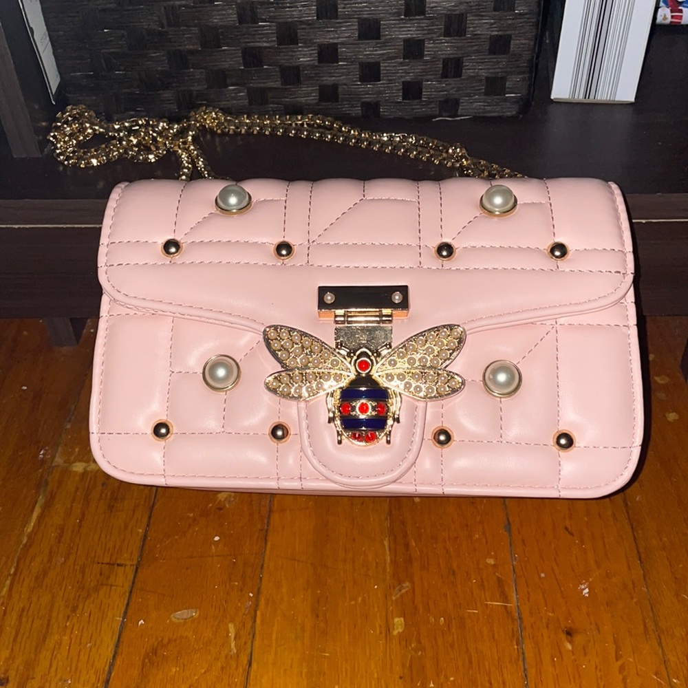 Pearls Embellished Famous Bee Quilted Bag on a Chain, Crossbody Strap